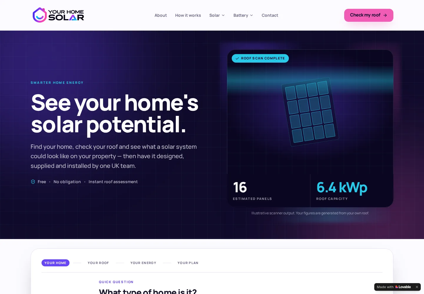 Your Home Solar homepage showing the property-led solar assessment journey