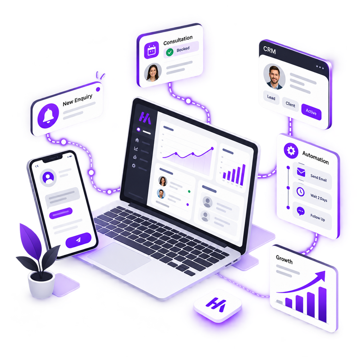 Laptop surrounded by floating CRM, automation and growth dashboards