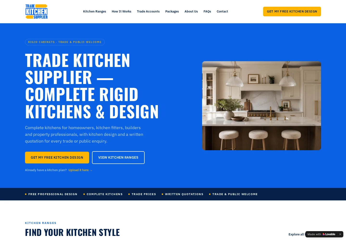 Trade Kitchen Supplier homepage with homeowner and trade enquiry routes